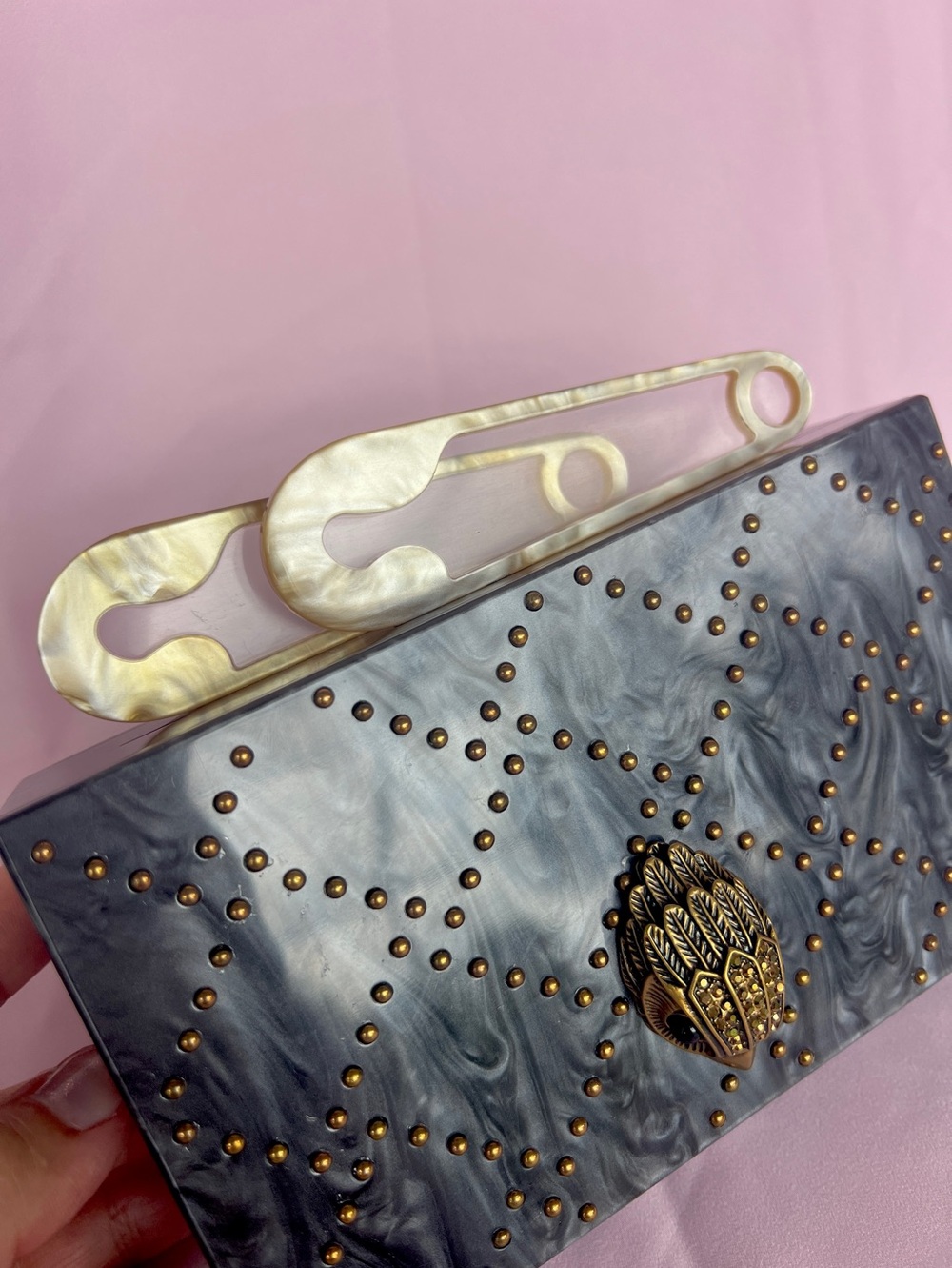 Kurt Geiger Kensington safety pin box clutch on chain gray mother of pearl NWT - Picture 8 of 16